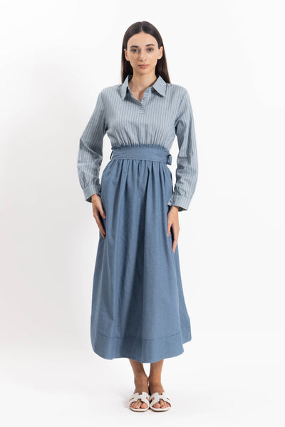 CONTRAST DENIM MIDI DRESS