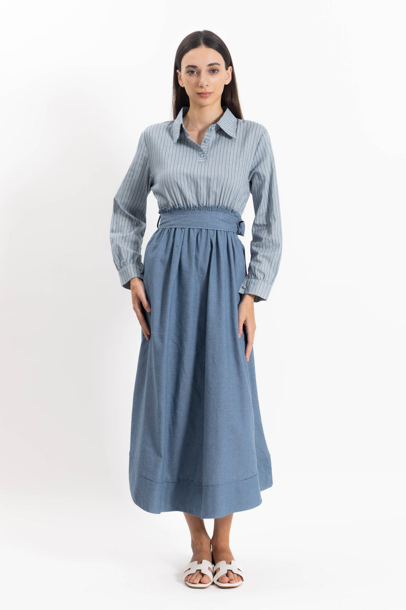 CONTRAST DENIM MIDI DRESS