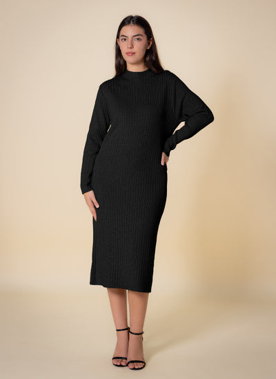 HIGH NECK RIBBED MIDI DRESS