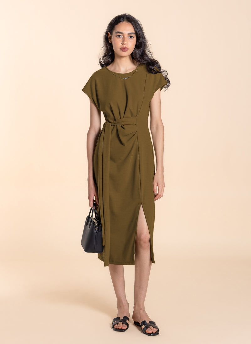 COMFORT WASIT-TIE DRESS WITH SLIT