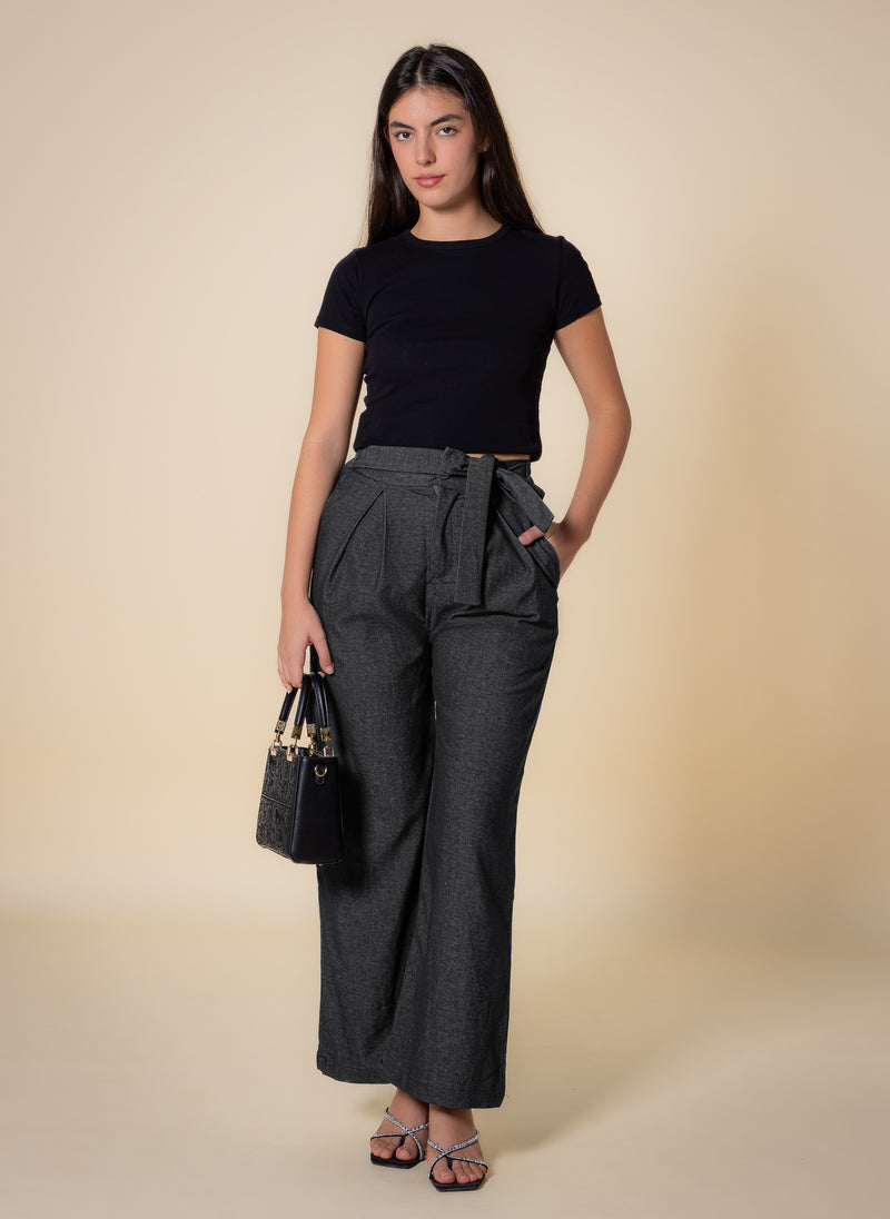 TEXTURED BELTED WIDE-LEG TROUSERS