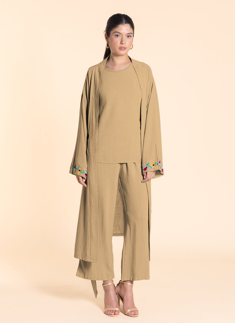 LINEN BLEND EMBROIDERED KIMONO SET