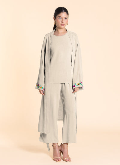 LINEN BLEND EMBROIDERED KIMONO SET