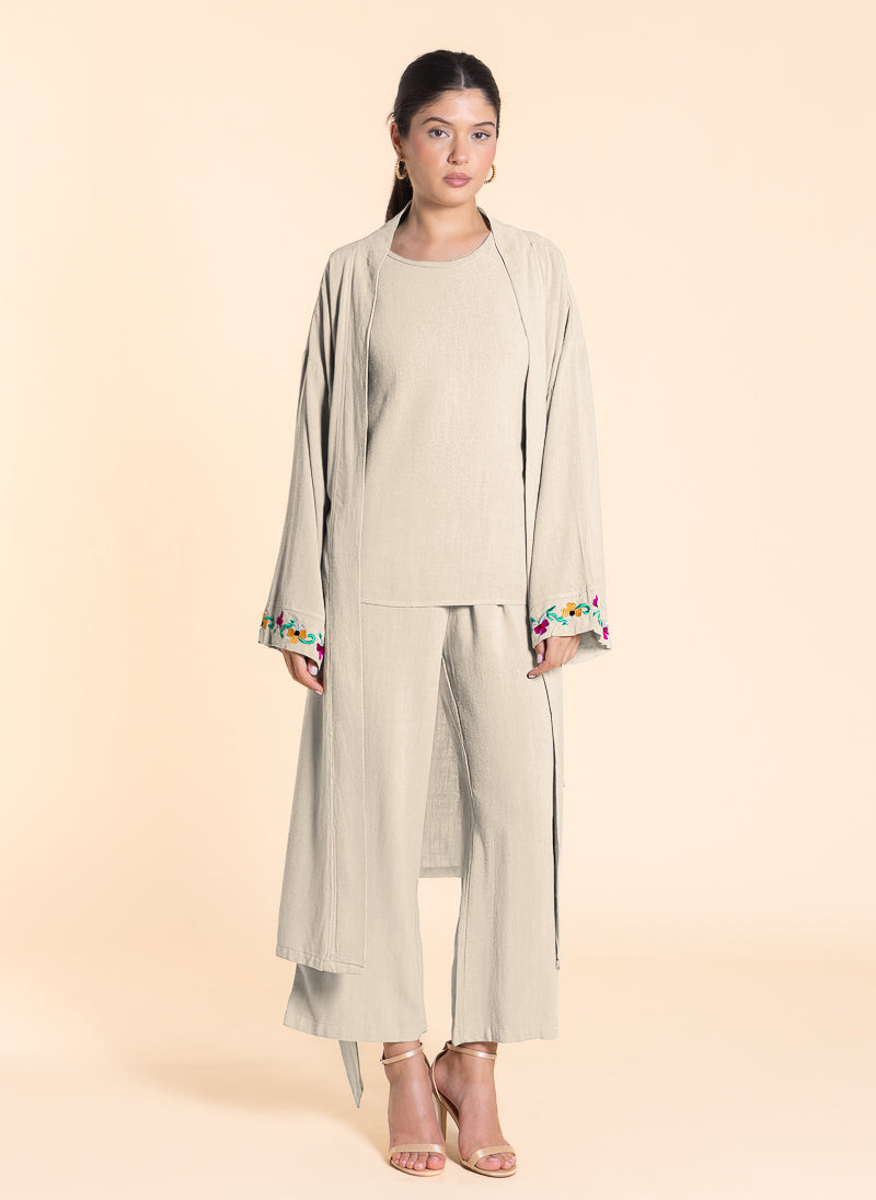 LINEN BLEND EMBROIDERED KIMONO SET