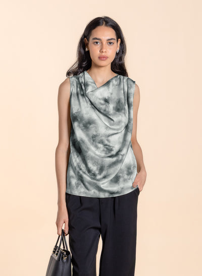 DRAPED PRINTED SATIN TOP