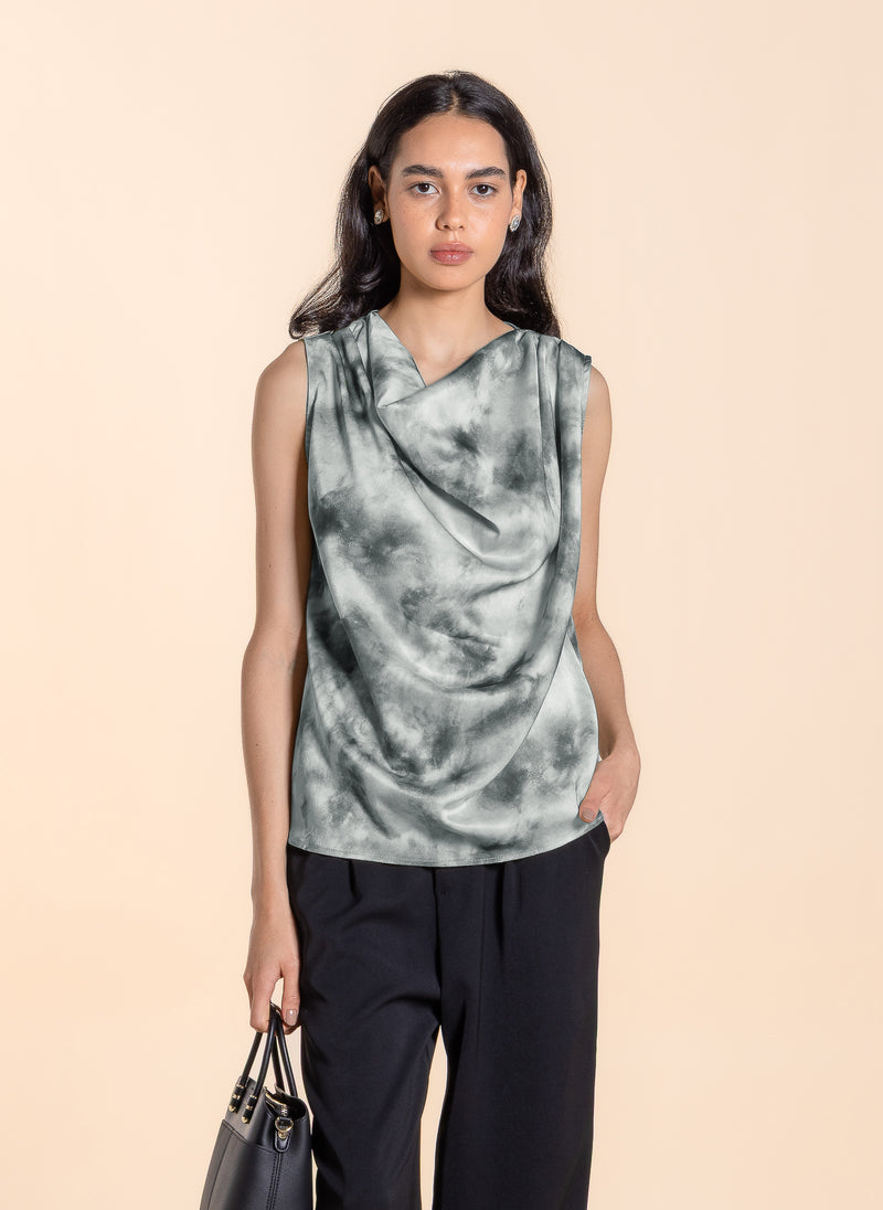 DRAPED PRINTED SATIN TOP