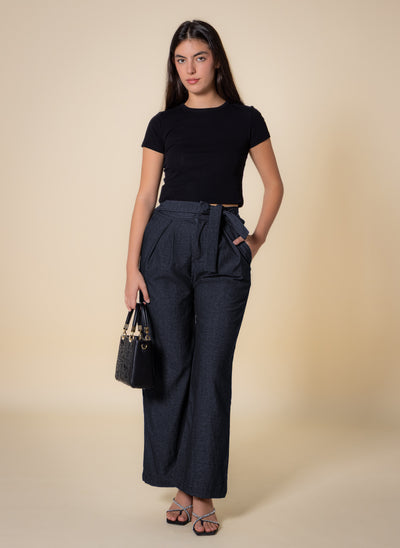 TEXTURED BELTED WIDE-LEG TROUSERS