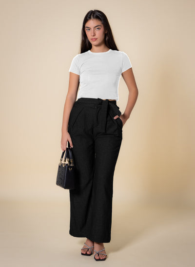 TEXTURED BELTED WIDE-LEG TROUSERS
