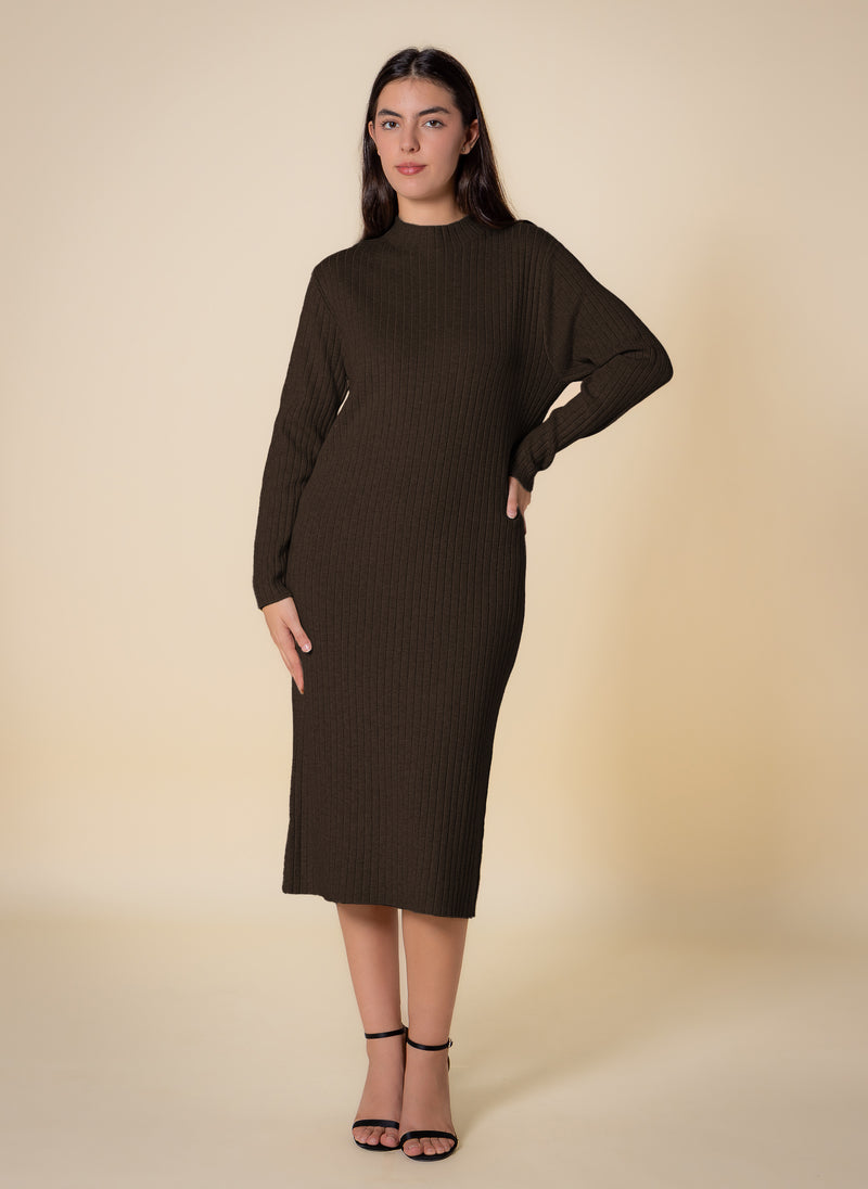 HIGH NECK RIBBED MIDI DRESS