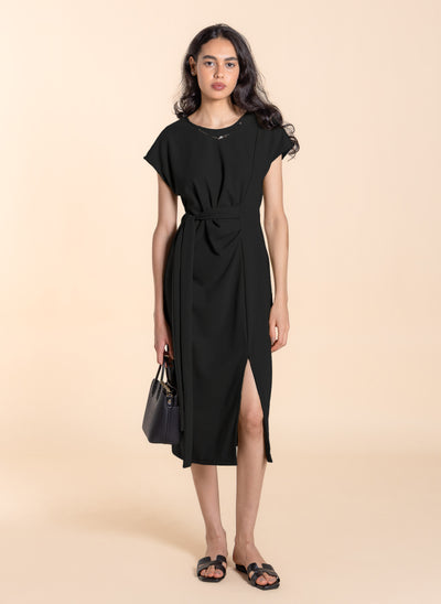 COMFORT WASIT-TIE DRESS WITH SLIT