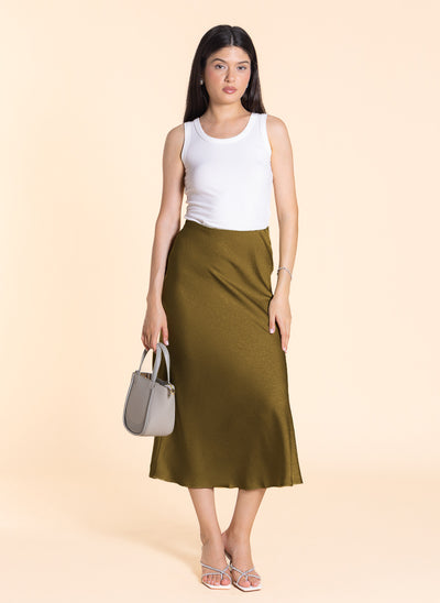 TEXTURED MIDI SATIN SKIRT
