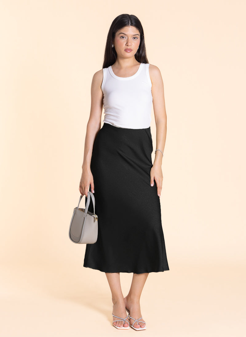 TEXTURED MIDI SATIN SKIRT