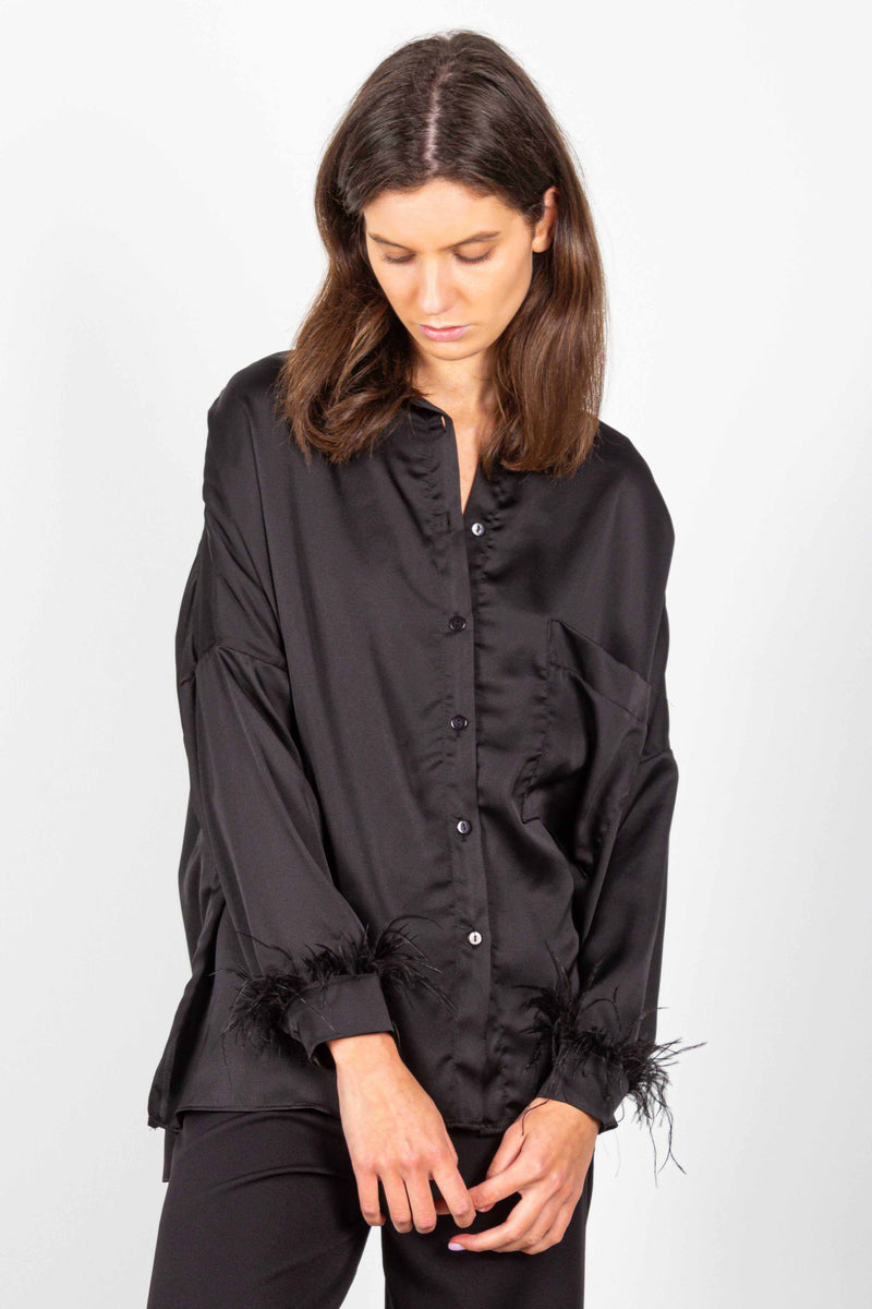 OVERSIZED SATIN SHIRT WITH FEATHERS