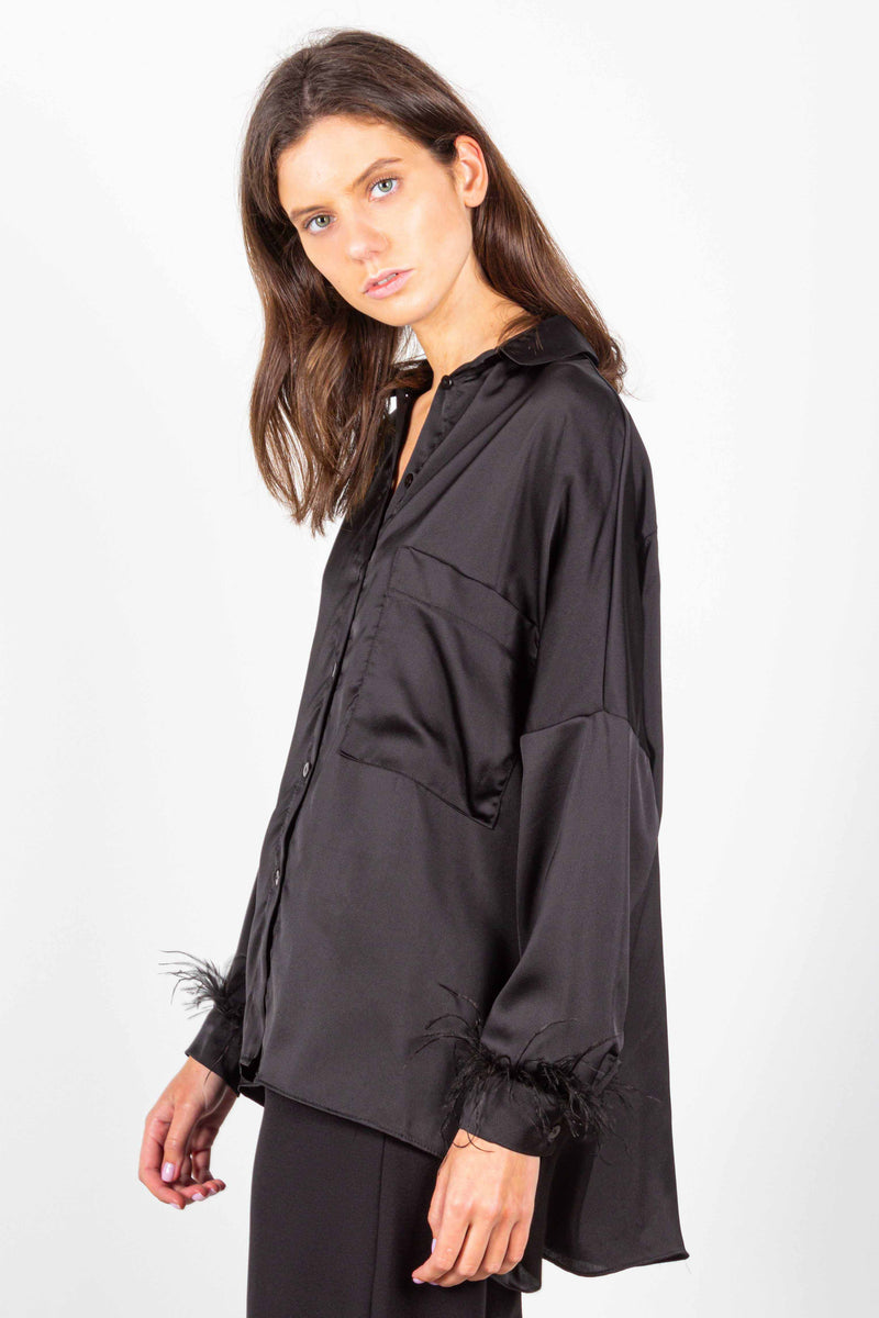 OVERSIZED SATIN SHIRT WITH FEATHERS