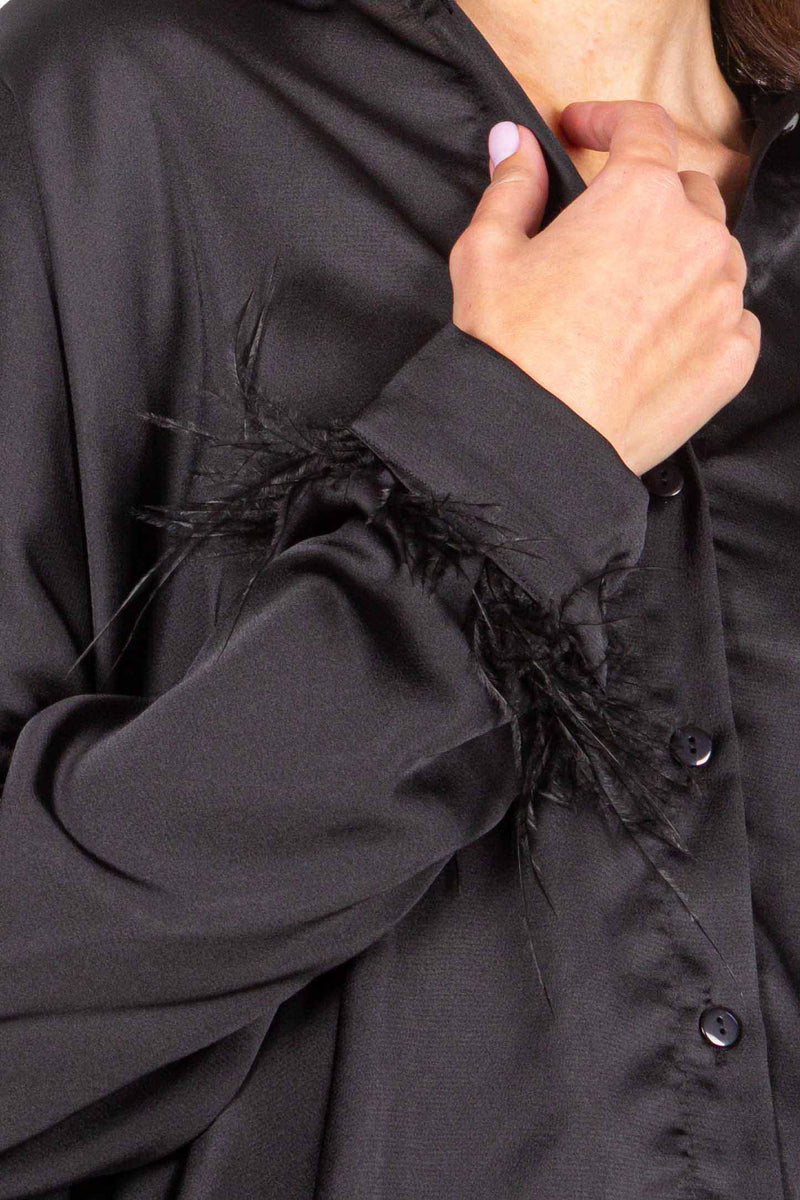 OVERSIZED SATIN SHIRT WITH FEATHERS