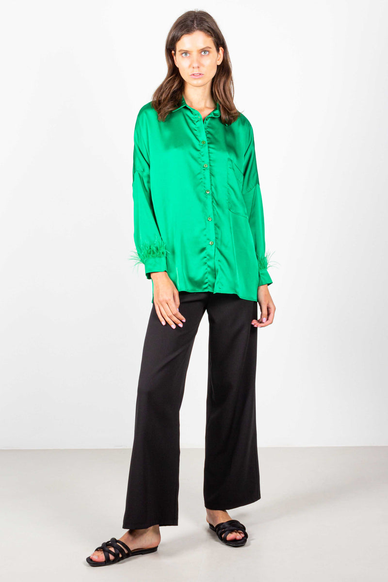 OVERSIZED SATIN SHIRT WITH FEATHERS