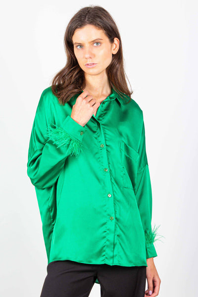 OVERSIZED SATIN SHIRT WITH FEATHERS