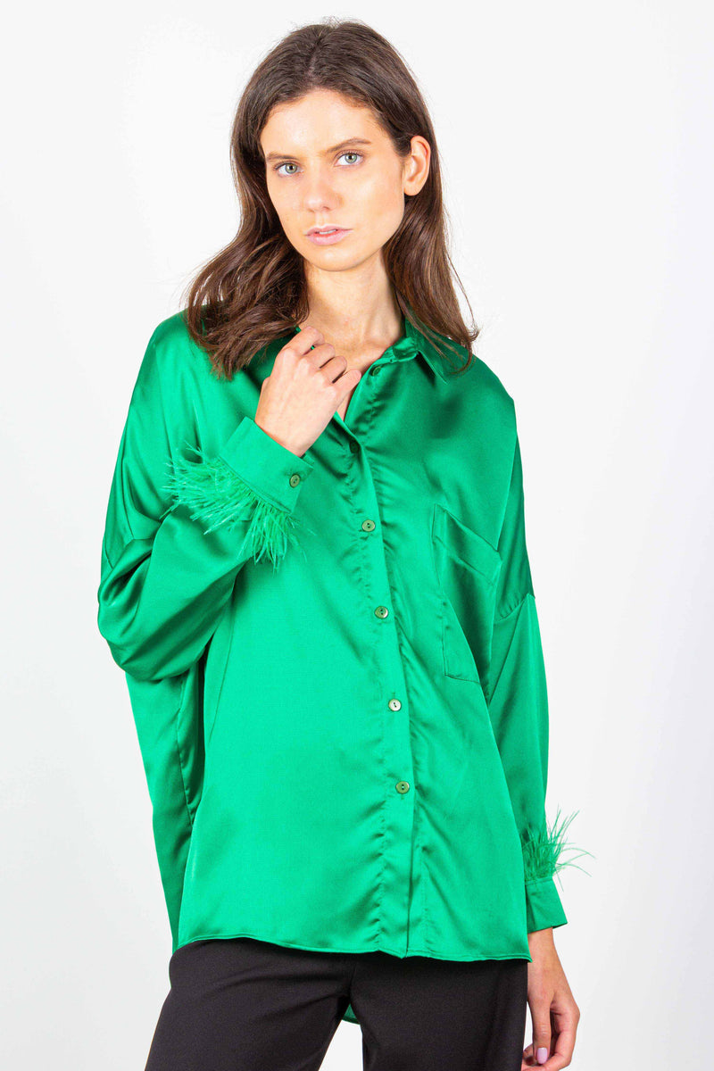 OVERSIZED SATIN SHIRT WITH FEATHERS