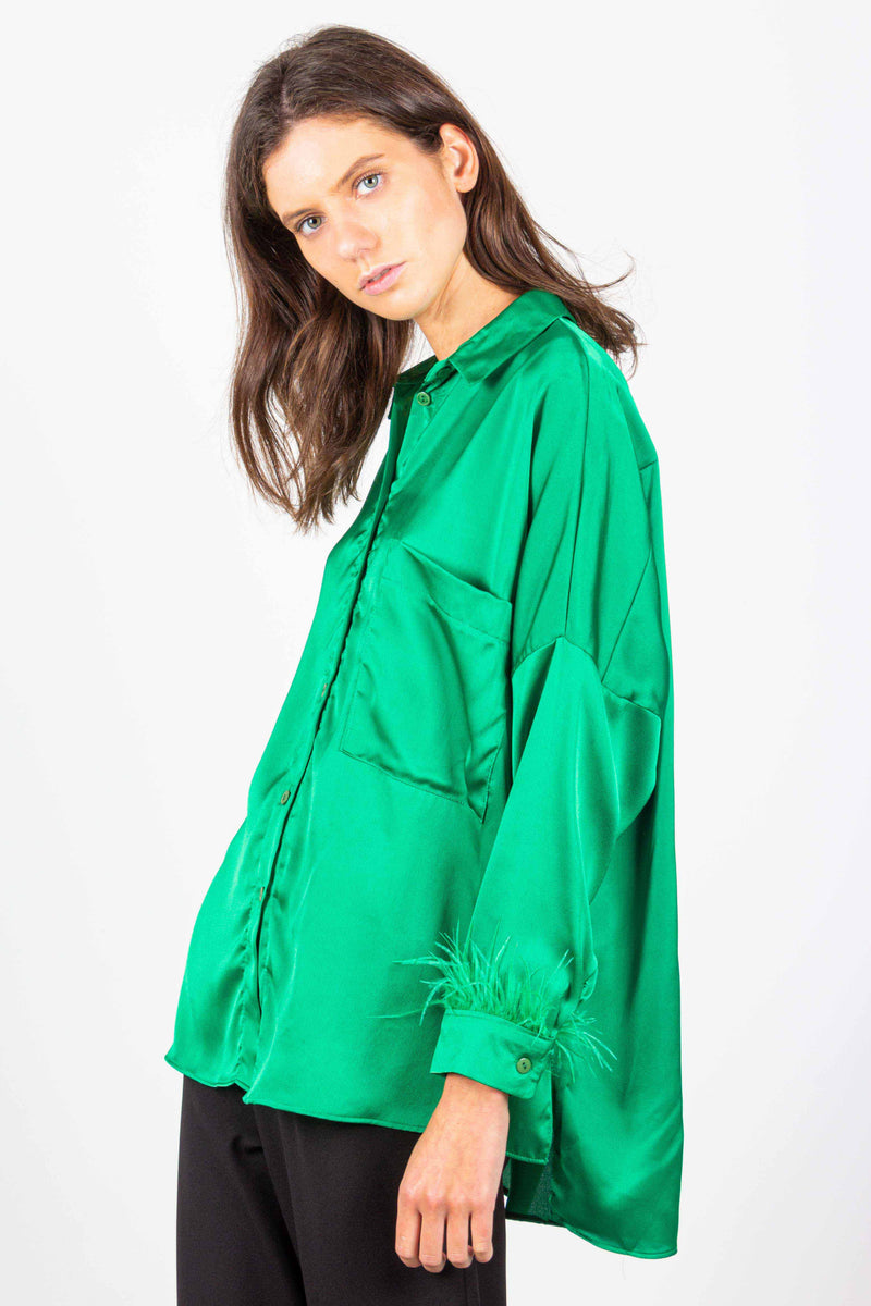 OVERSIZED SATIN SHIRT WITH FEATHERS