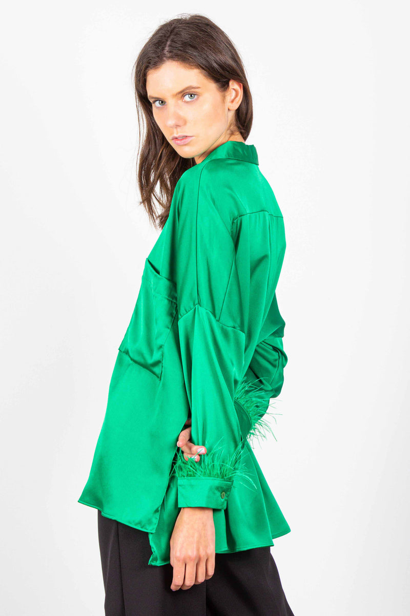 OVERSIZED SATIN SHIRT WITH FEATHERS