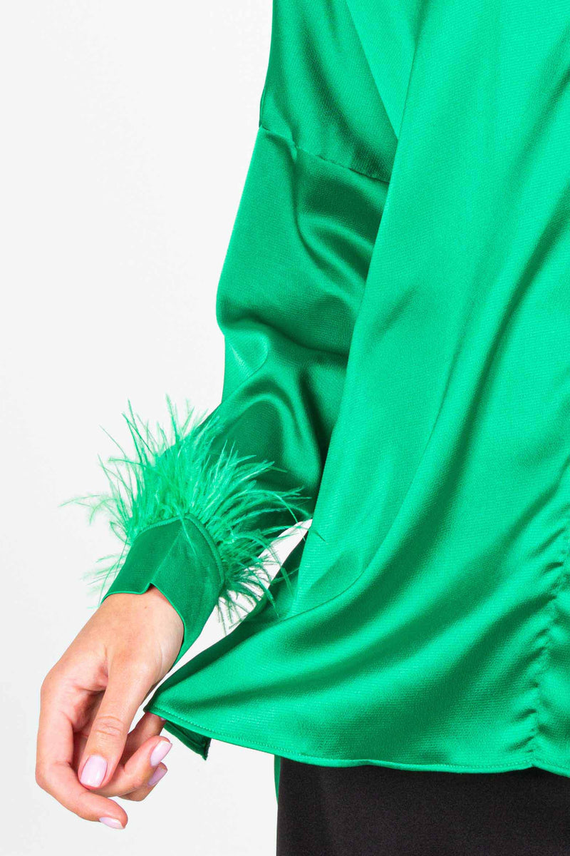 OVERSIZED SATIN SHIRT WITH FEATHERS