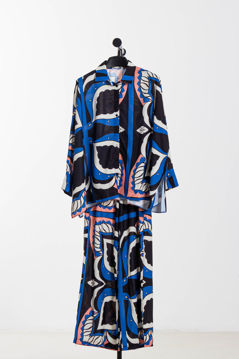 ABSTRACT SATIN SHIRT SET