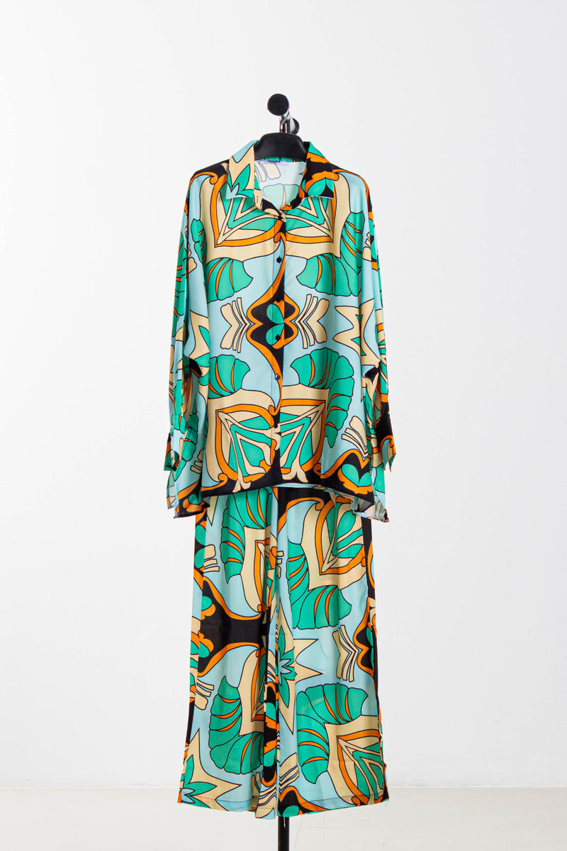 ABSTRACT SATIN SHIRT SET