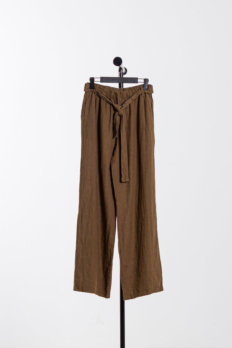 BELTED LINEN BLEND TROUSERS