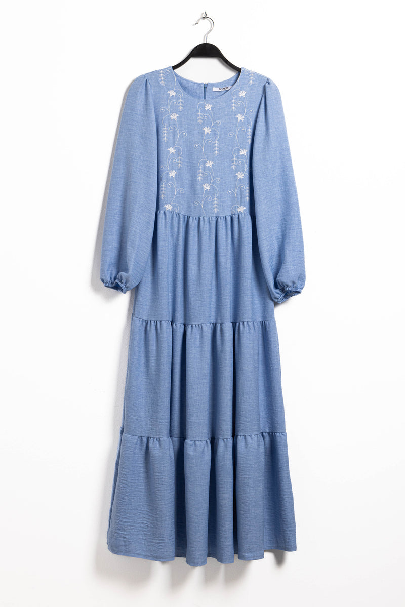 EMBROIDERED LINEN BLEND MAXI DRESS