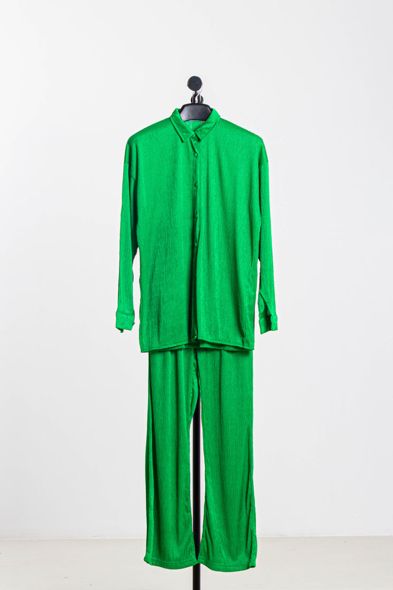 PLISSE SATIN SHIRT SET
