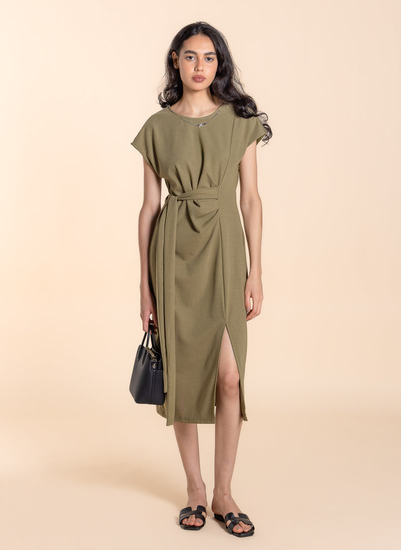 COMFORT WASIT-TIE DRESS WITH SLIT