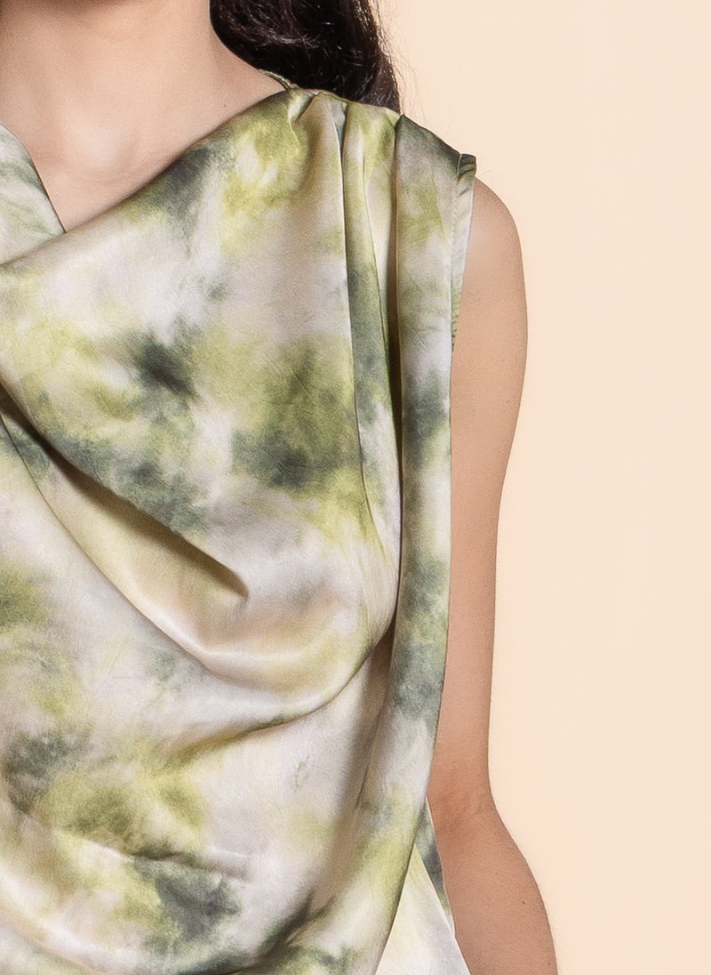 DRAPED PRINTED SATIN TOP