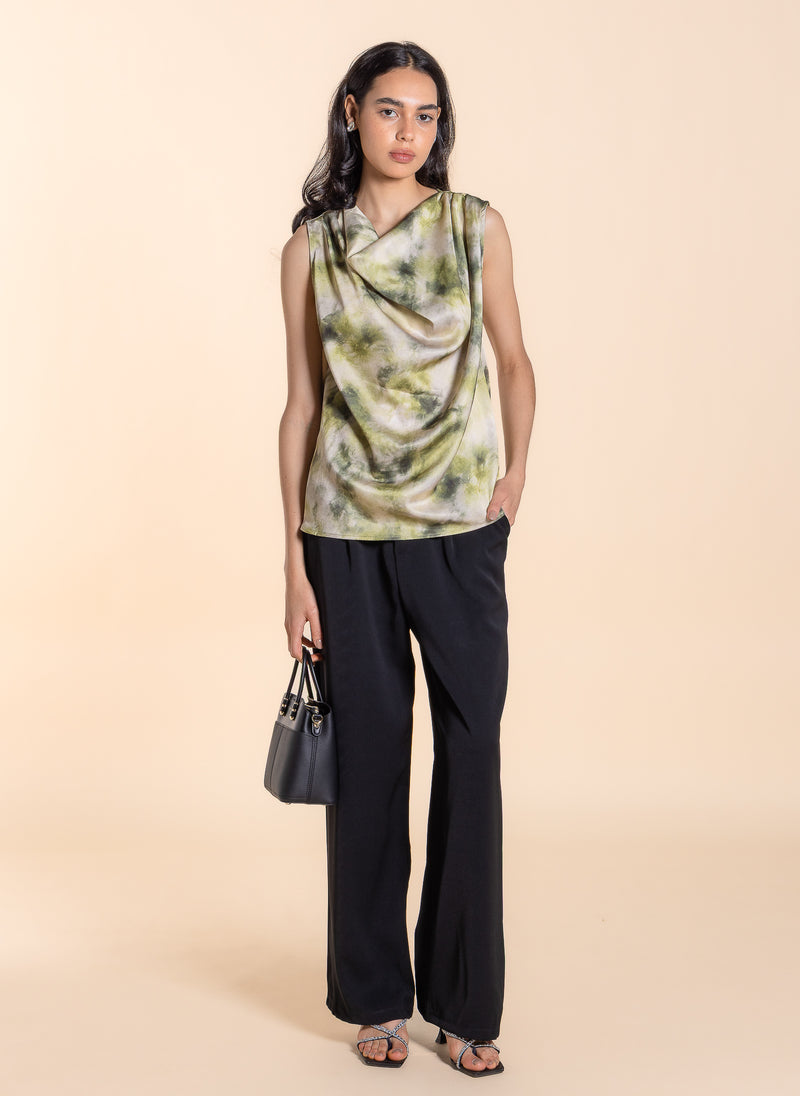 DRAPED PRINTED SATIN TOP