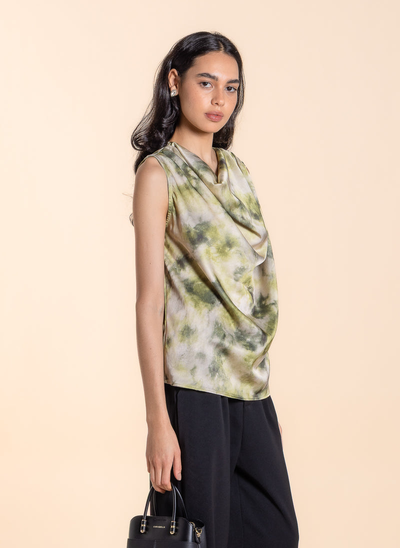 DRAPED PRINTED SATIN TOP