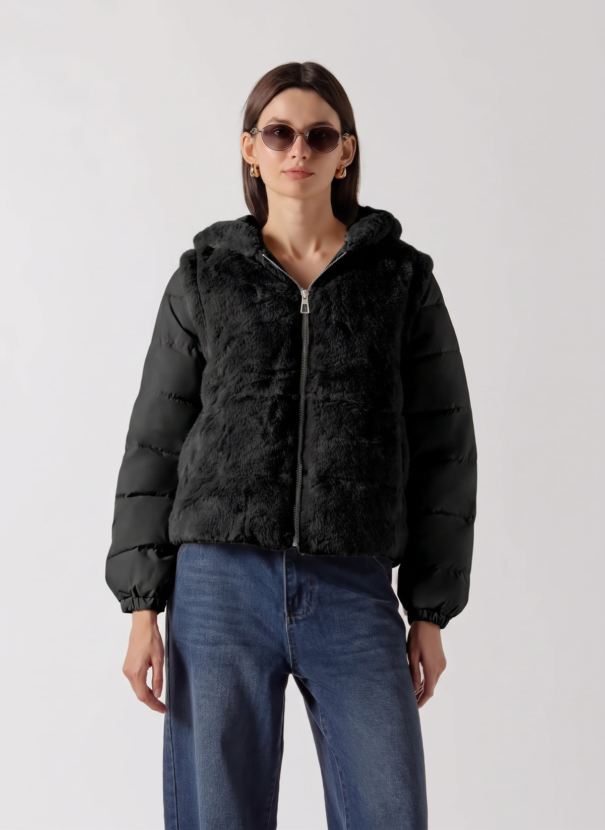 FAUX FUR PANEL PUFFER