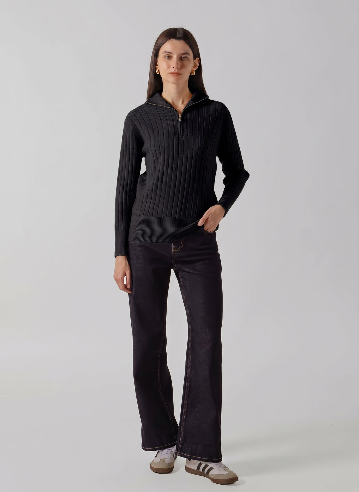 QUARTER ZIP RIBBED KNIT SWEATER