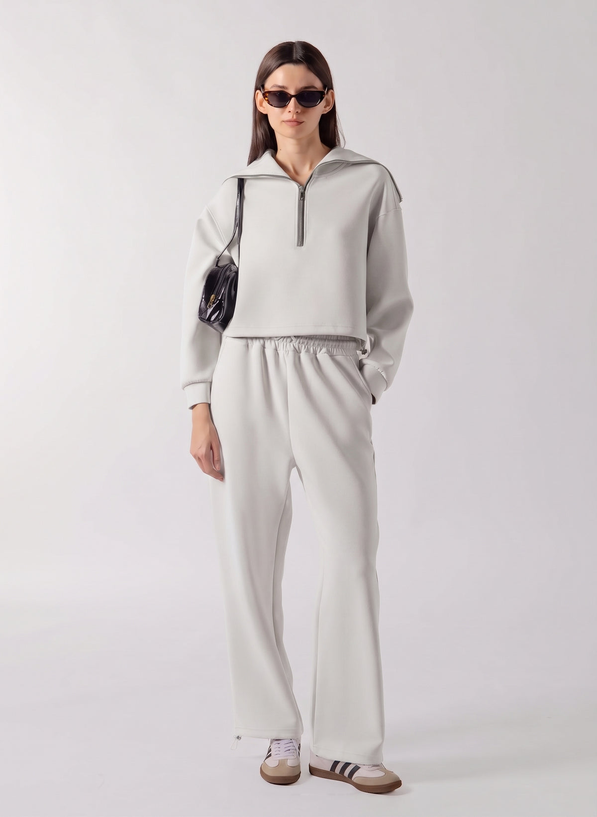 SOFT QUATER ZIP CROPPED SWEATSHIRT SET