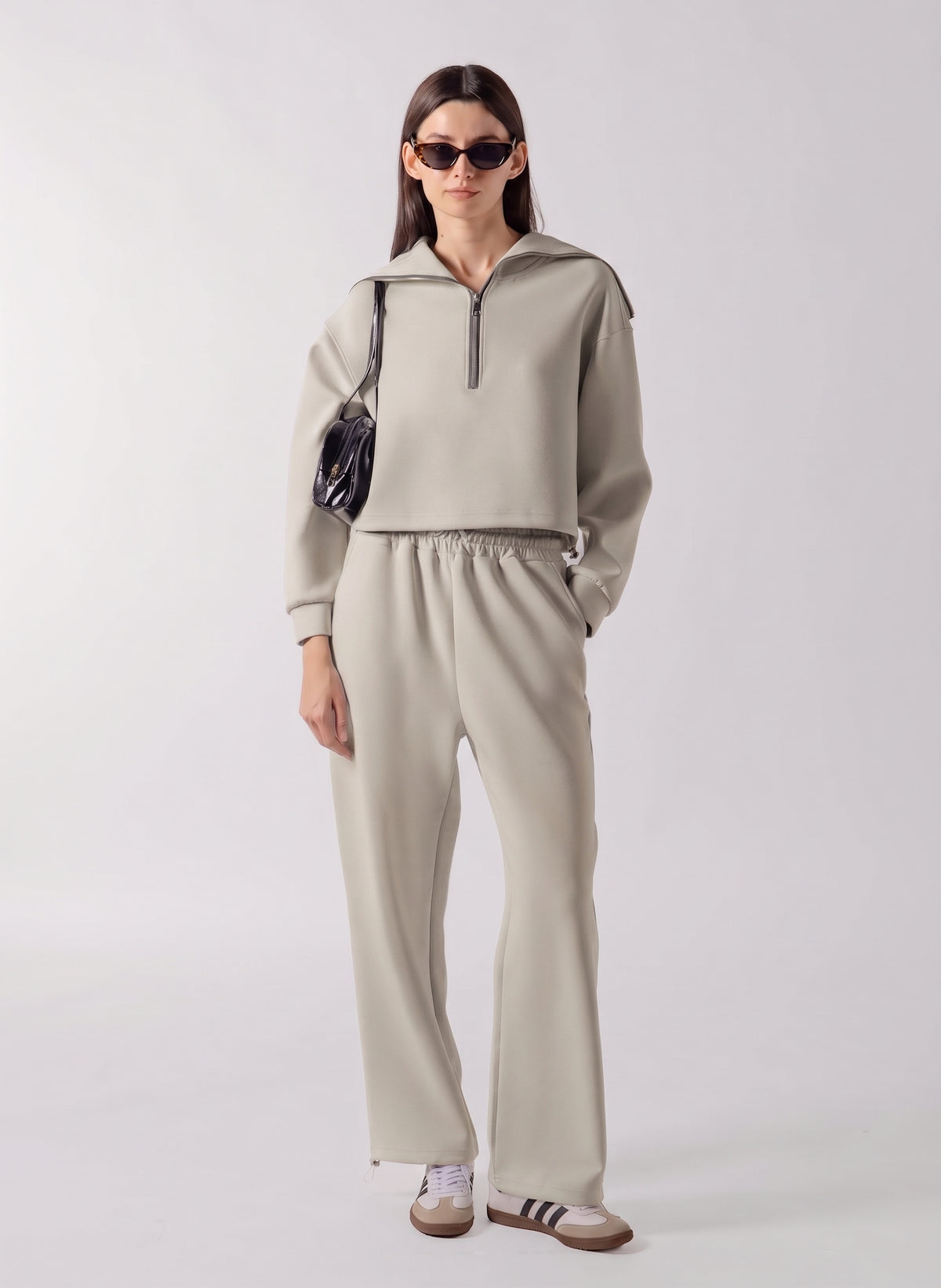 SOFT QUATER ZIP CROPPED SWEATSHIRT SET