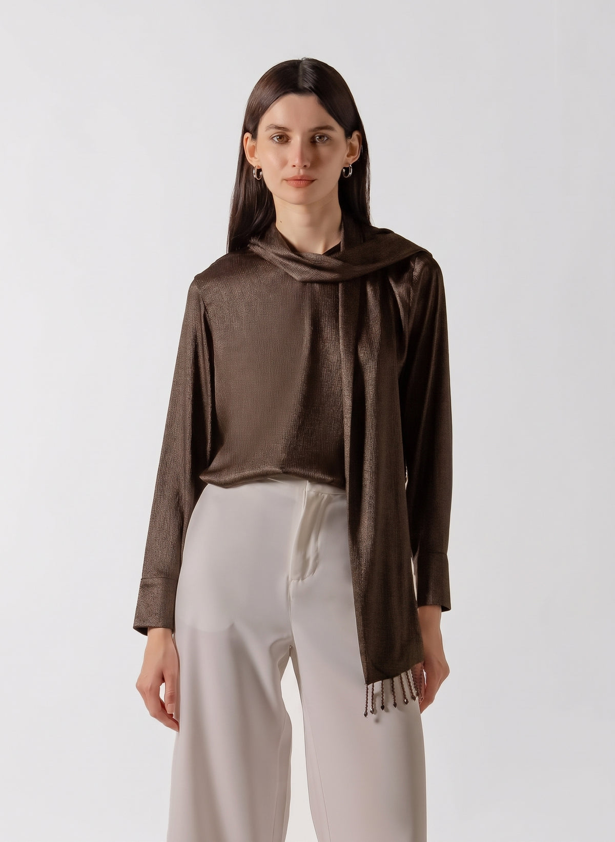 SHIMMER METTALIC SCARF DETAIL BLOUSE