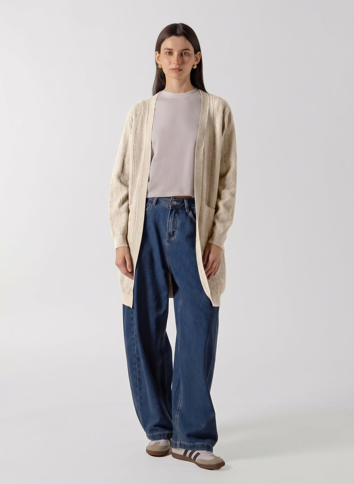 CABLE KNIT LONGLINE OPEN CARDIGAN