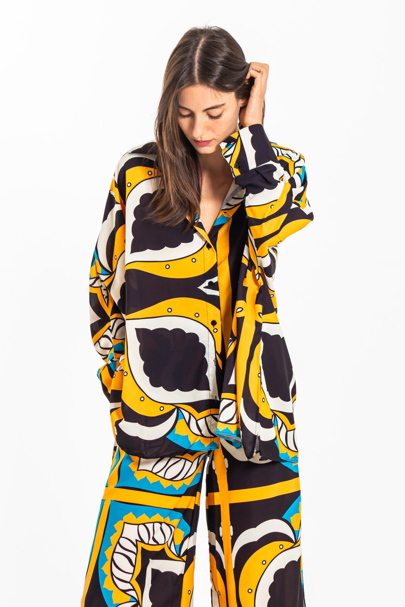 ABSTRACT SATIN SHIRT SET