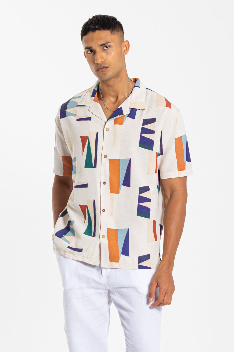 CONTRAST PRINT LINEN SHIRT