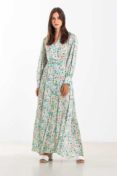 PRINTED SATIN LONG DRESS