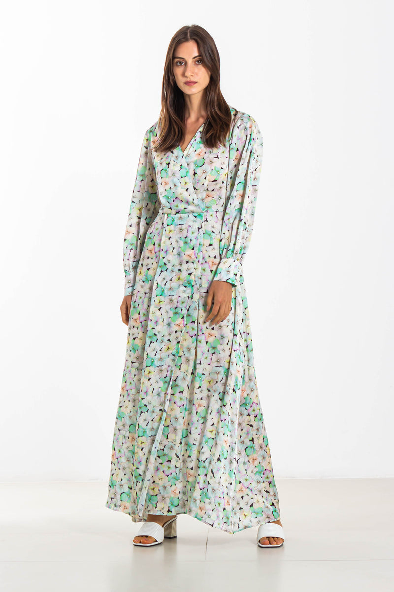 PRINTED SATIN LONG DRESS