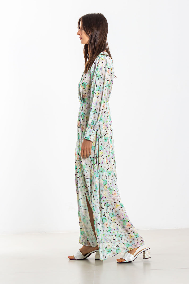 PRINTED SATIN LONG DRESS