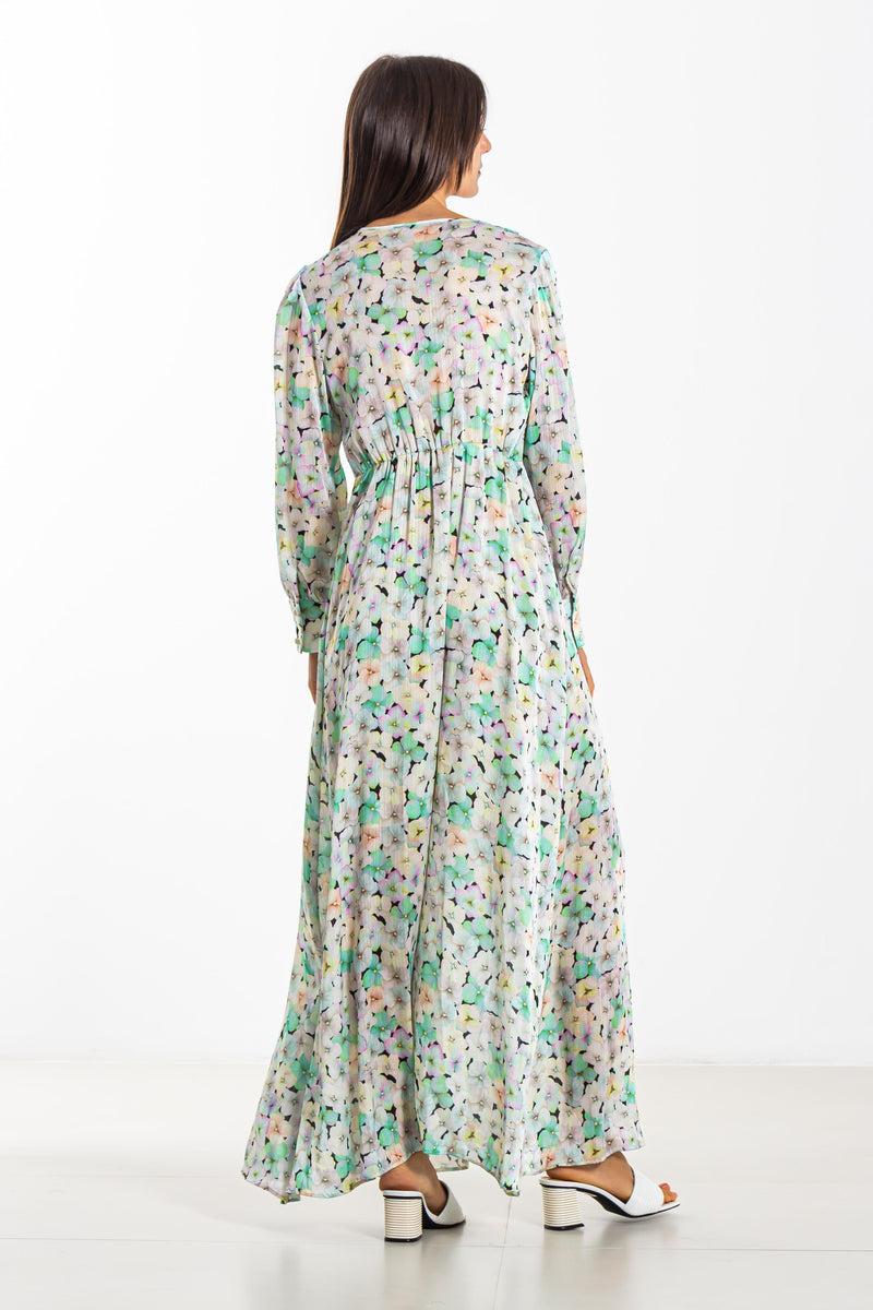 PRINTED SATIN LONG DRESS