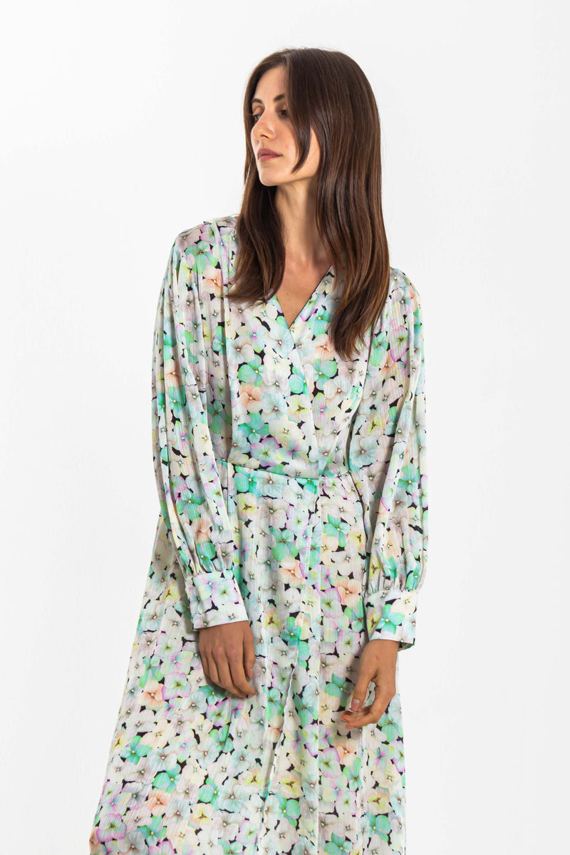PRINTED SATIN LONG DRESS