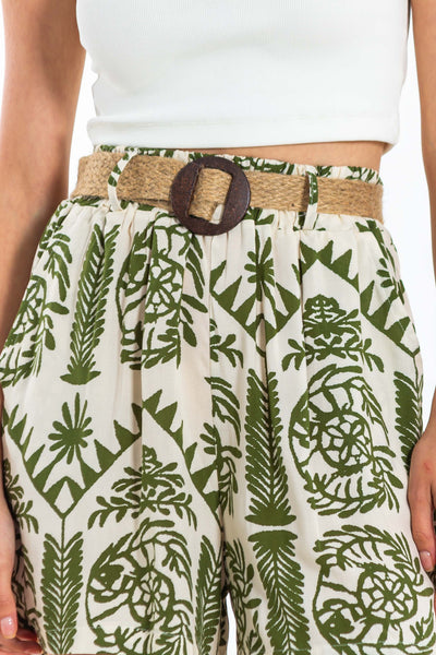 BELTED ABSTRACT PRINT SHORTS