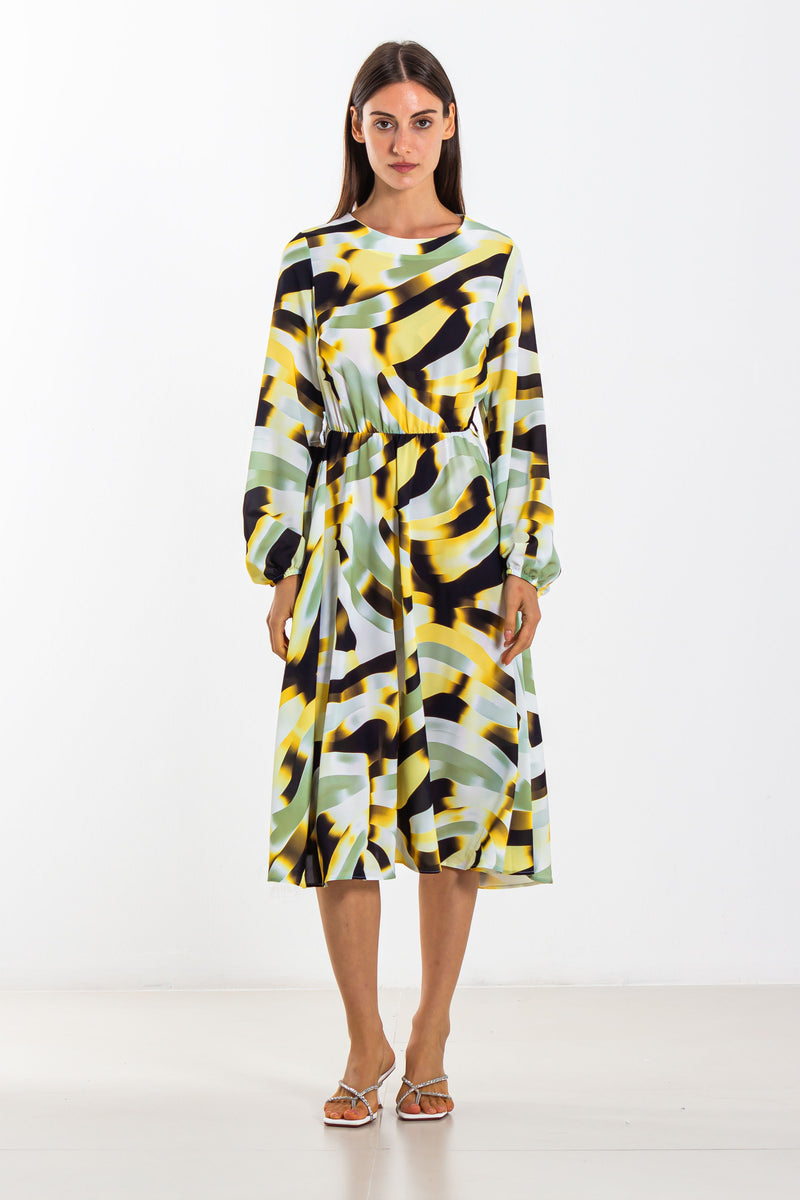 ABSTRACT PRINT MIDI SATIN DRESS
