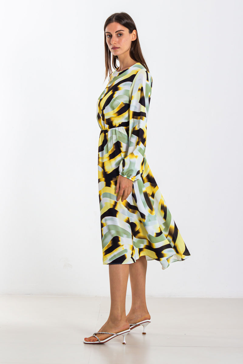 ABSTRACT PRINT MIDI SATIN DRESS